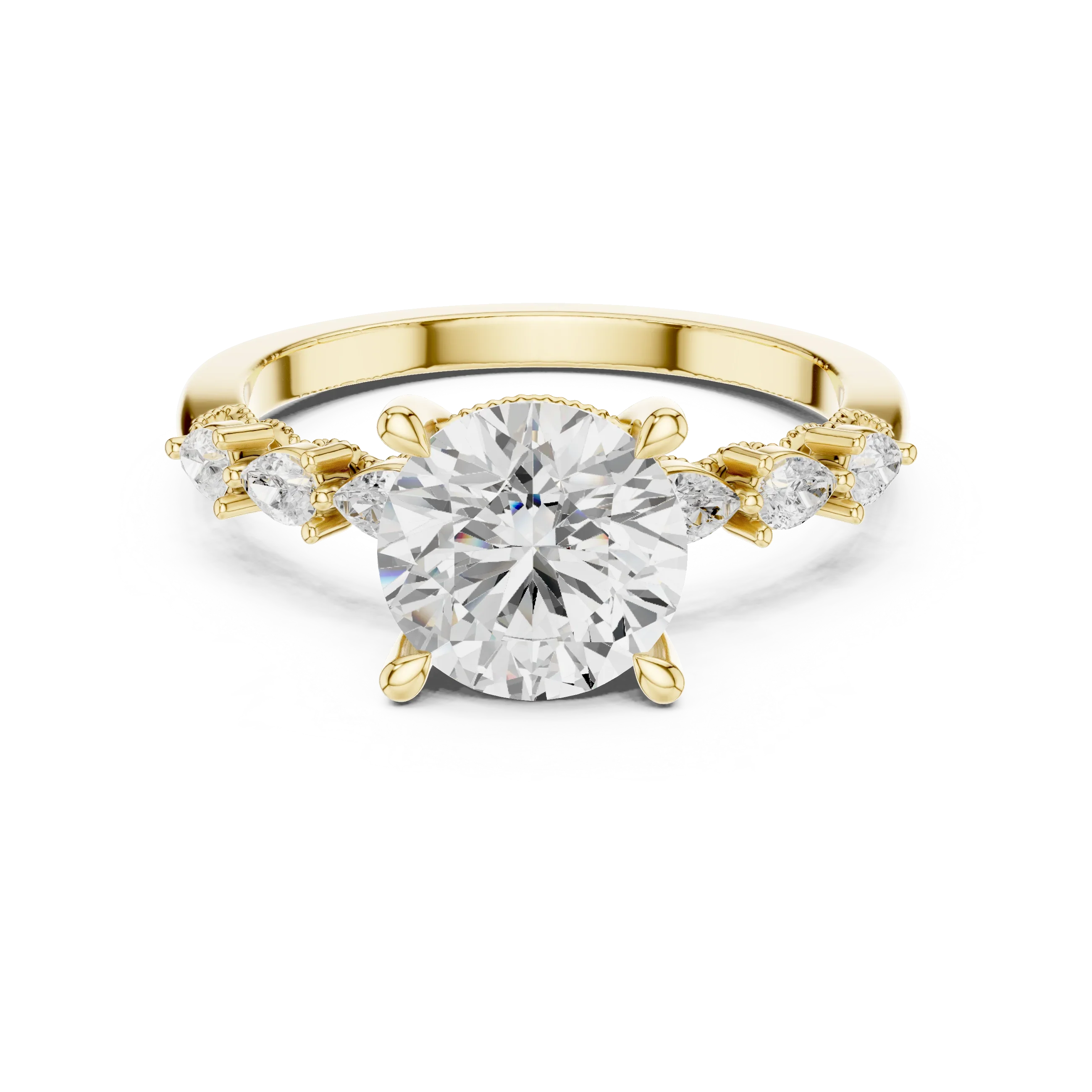 14K White Gold 2.33 CTW Round Cut Moissanite Engagement Diamond Ring with Pear Shape Side Stones