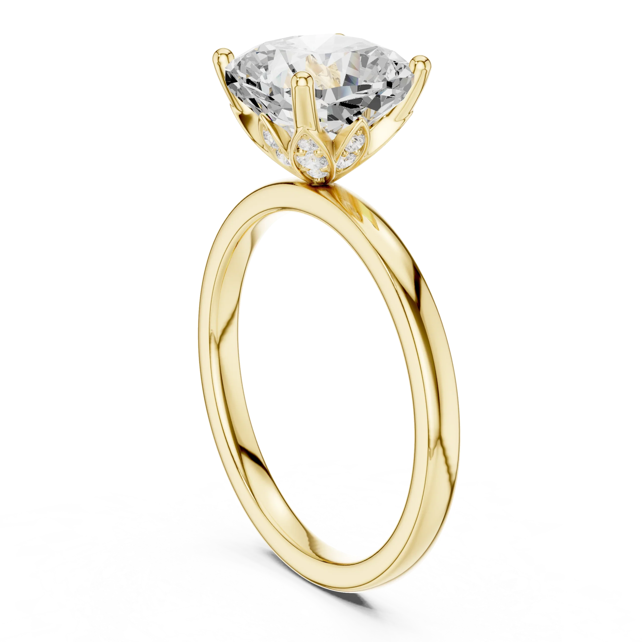 2.13 CT Cushion Cut Hidden Accent Tulip Solitaire Engagement  Ring in 14K Yellow Gold