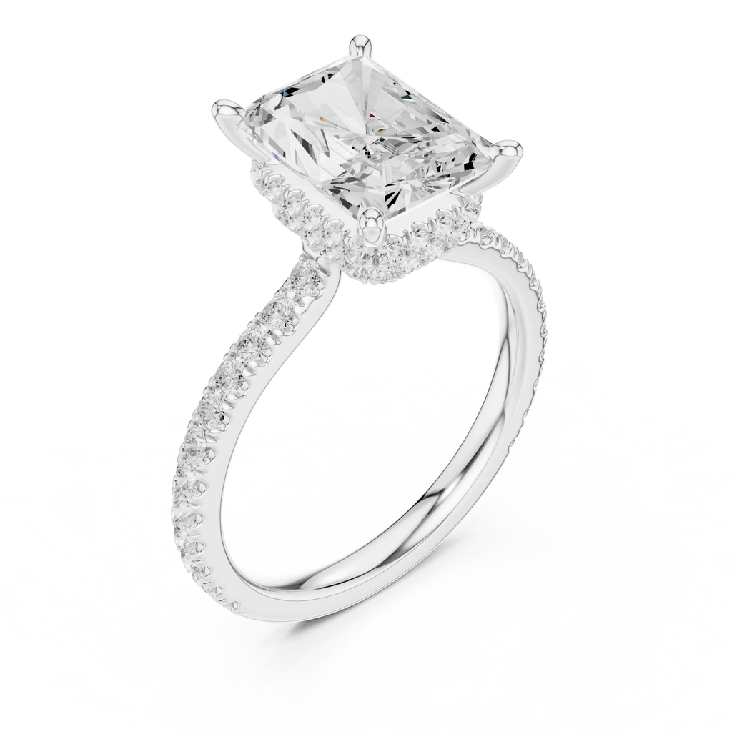 Radiant Cut Moissanite 3.76 CTW Double Hidden Halo Engagement Diamond Ring with 14K White Gold