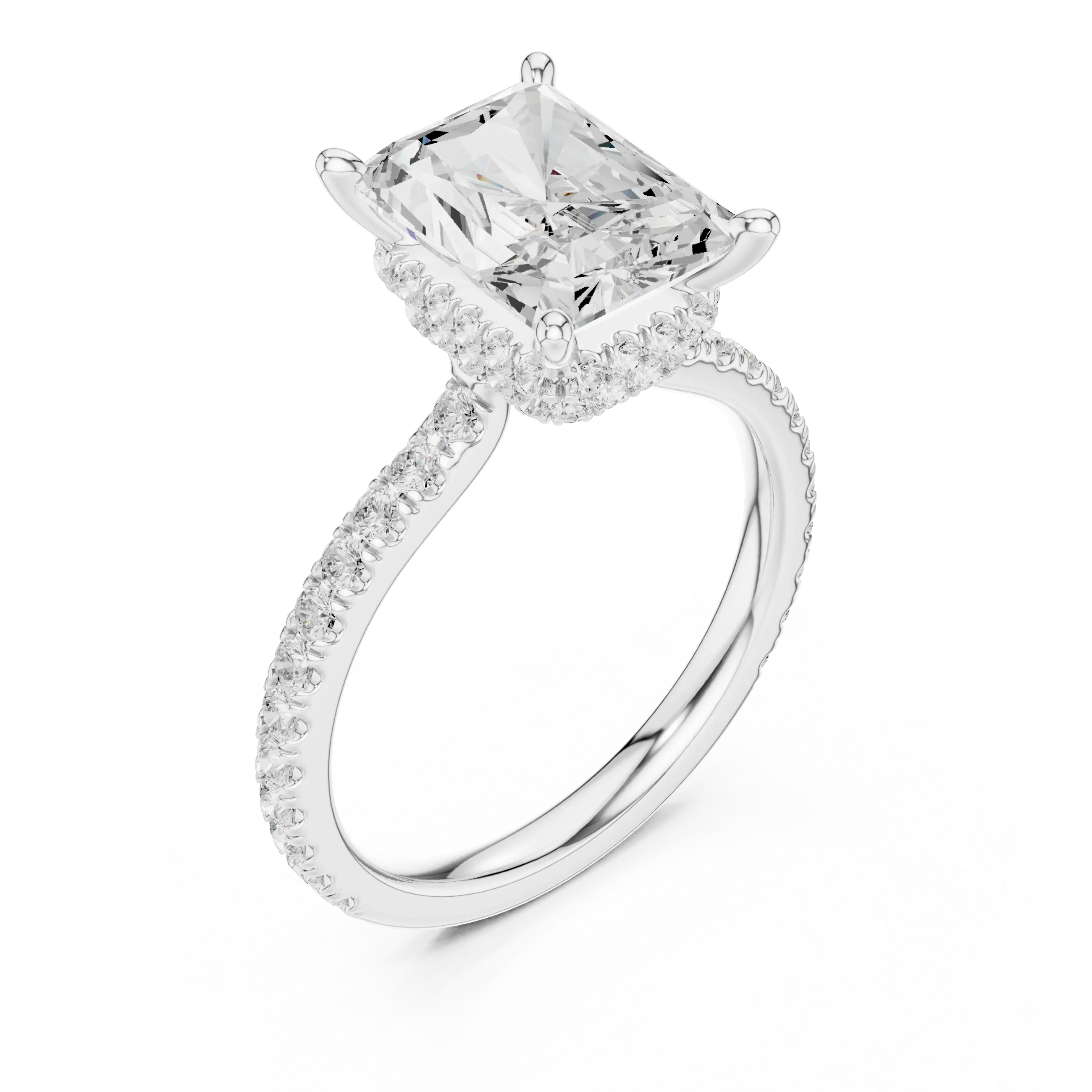 Radiant Cut Moissanite 3.76 CTW Double Hidden Halo Engagement Diamond Ring with 14K White Gold
