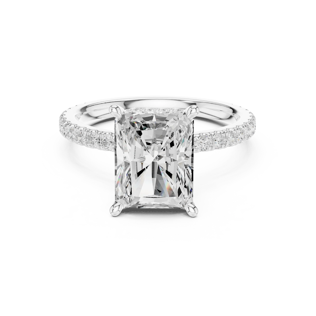 Radiant Cut Moissanite 3.76 CTW Double Hidden Halo Engagement Diamond Ring with 14K White Gold