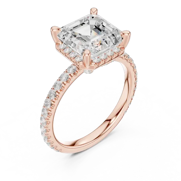 Asscher Cut Hidden Halo Engagement Ring with Pavé Diamond Band