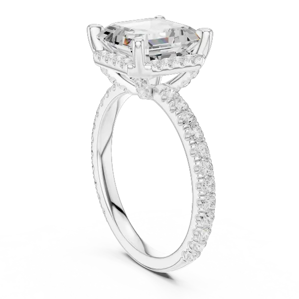Asscher Cut Hidden Halo Engagement Ring with Pavé Diamond Band