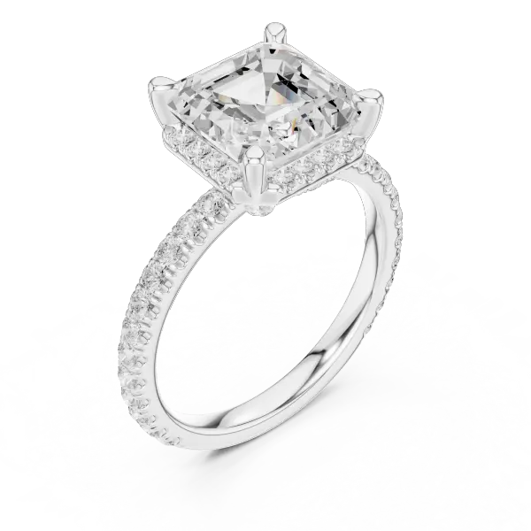 Asscher Cut Hidden Halo Engagement Ring with Pavé Diamond Band