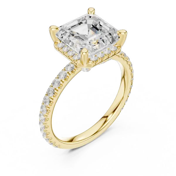 Asscher Cut Hidden Halo Engagement Ring with Pavé Diamond Band