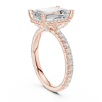 Emerald Cut Hidden Halo Engagement Ring with Pavé Band in 14K White Gold