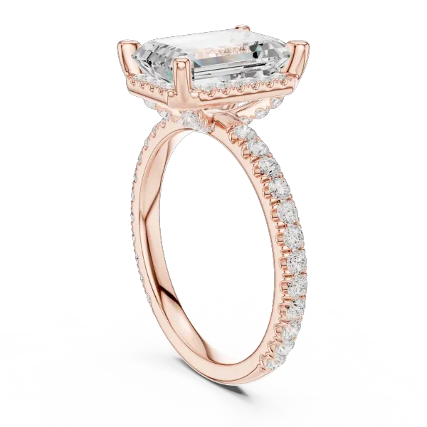 Emerald Cut Hidden Halo Engagement Ring with Pavé Band in 14K White Gold