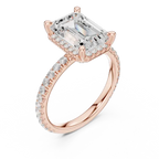 Emerald Cut Hidden Halo Engagement Ring with Pavé Band in 14K White Gold