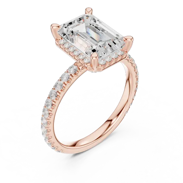 Emerald Cut Hidden Halo Engagement Ring with Pavé Band in 14K White Gold