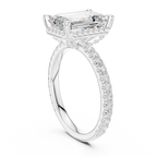 Emerald Cut Hidden Halo Engagement Ring with Pavé Band in 14K White Gold