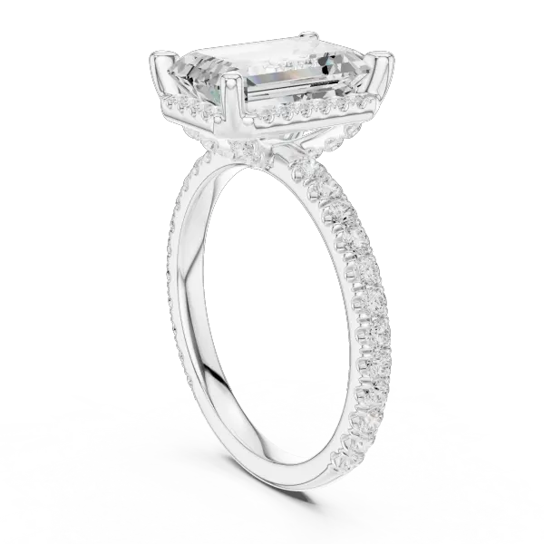 Emerald Cut Hidden Halo Engagement Ring with Pavé Band in 14K White Gold