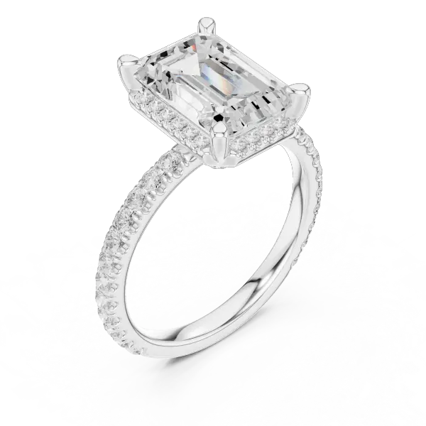 Emerald Cut Hidden Halo Engagement Ring with Pavé Band in 14K White Gold