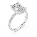 Emerald Cut Hidden Halo Engagement Ring with Pavé Band in 14K White Gold