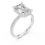 Emerald Cut Hidden Halo Engagement Ring with Pavé Band in 14K White Gold