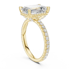 Emerald Cut Hidden Halo Engagement Ring with Pavé Band in 14K White Gold