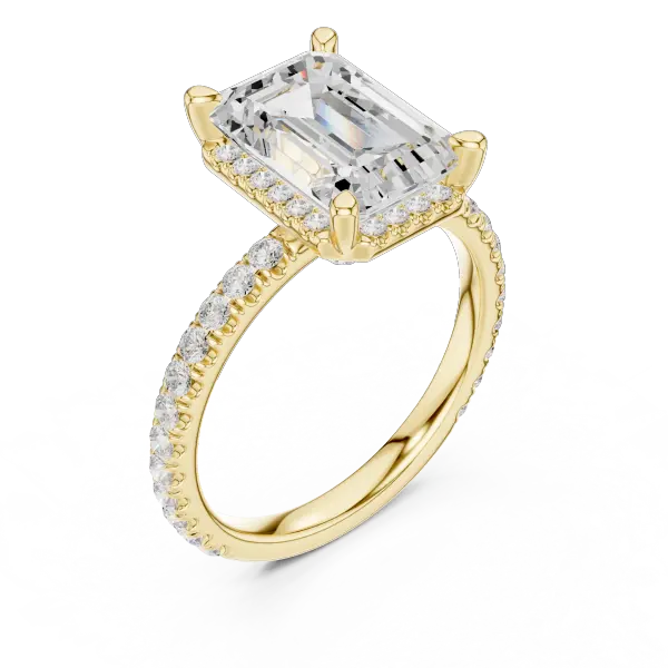 Emerald Cut Hidden Halo Engagement Ring with Pavé Band in 14K White Gold
