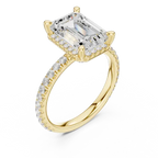 Emerald Cut Hidden Halo Engagement Ring with Pavé Band in 14K White Gold