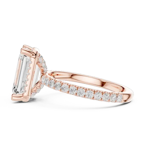 Emerald Cut Hidden Halo Engagement Ring with Pavé Band in 14K White Gold