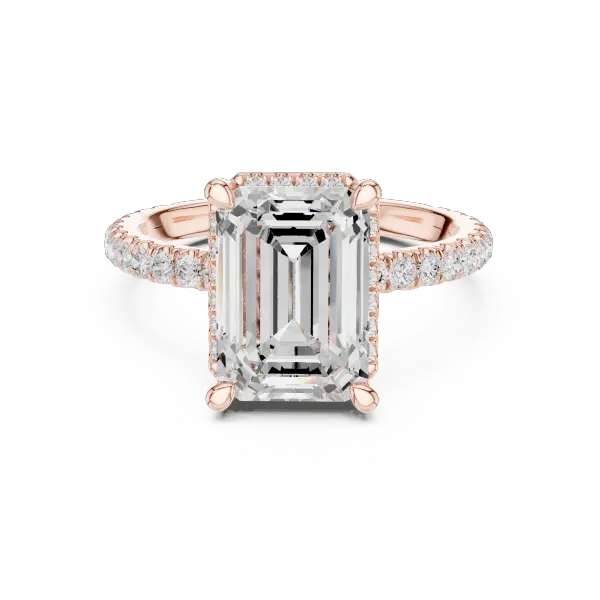 Emerald Cut Hidden Halo Engagement Ring with Pavé Band in 14K White Gold