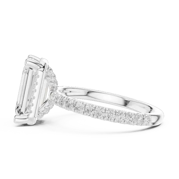 Emerald Cut Hidden Halo Engagement Ring with Pavé Band in 14K White Gold