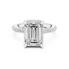 Emerald Cut Hidden Halo Engagement Ring with Pavé Band in 14K White Gold