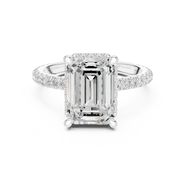 Emerald Cut Hidden Halo Engagement Ring with Pavé Band in 14K White Gold
