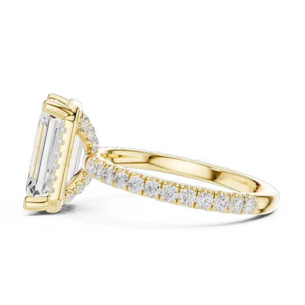 Emerald Cut Hidden Halo Engagement Ring with Pavé Band in 14K White Gold