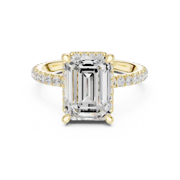 Emerald Cut Hidden Halo Engagement Ring with Pavé Band in 14K White Gold