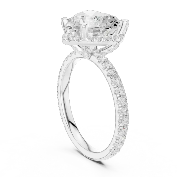 Heart Cut Hidden Halo Engagement Ring with Pavé Band in 14K White Gold