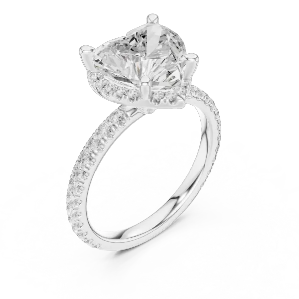 Heart Cut Hidden Halo Engagement Ring with Pavé Band in 14K White Gold