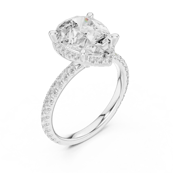 Pear Cut Hidden Halo Engagement Ring with Pavé Band in 14K Yellow Gold