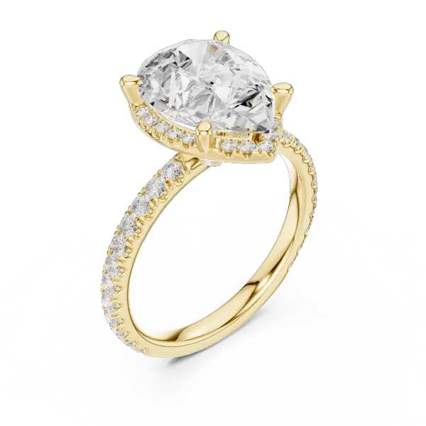 Pear Cut Hidden Halo Engagement Ring with Pavé Band in 14K Yellow Gold