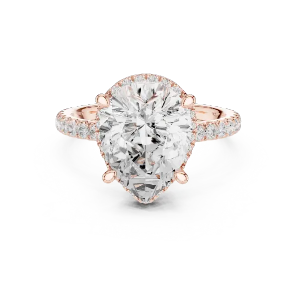 Pear Cut Hidden Halo Engagement Ring with Pavé Band in 14K Yellow Gold