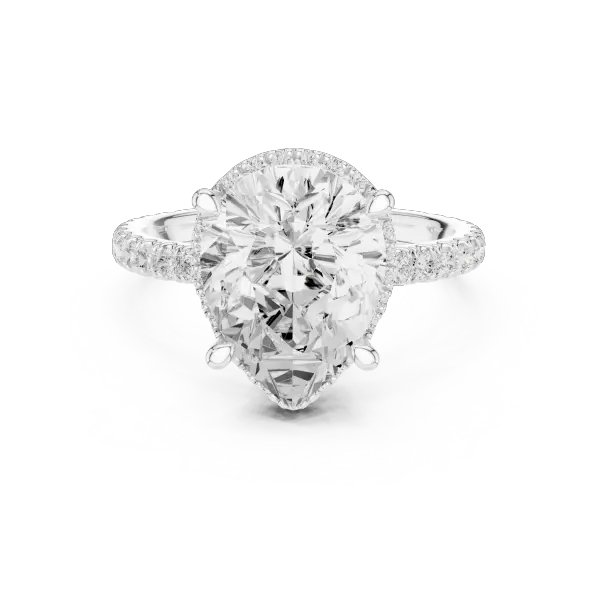 Pear Cut Hidden Halo Engagement Ring with Pavé Band in 14K Yellow Gold