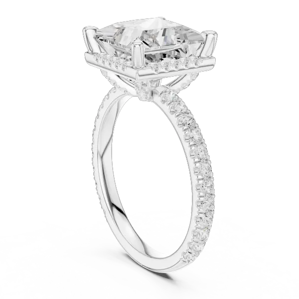 Princess Cut Hidden Halo Engagement Ring with Pavé Band in 14K White Gold