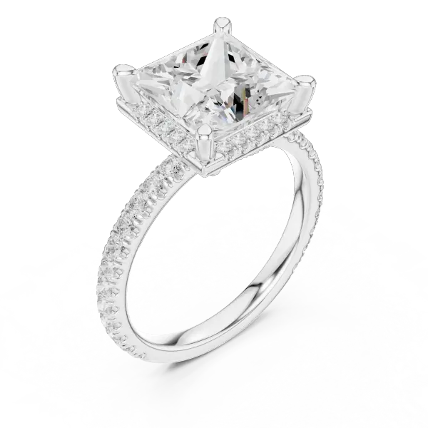 Princess Cut Hidden Halo Engagement Ring with Pavé Band in 14K White Gold