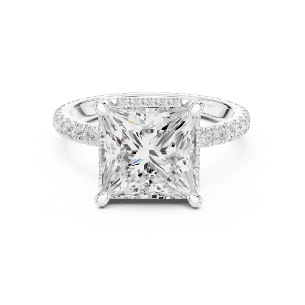 Princess Cut Hidden Halo Engagement Ring with Pavé Band in 14K White Gold