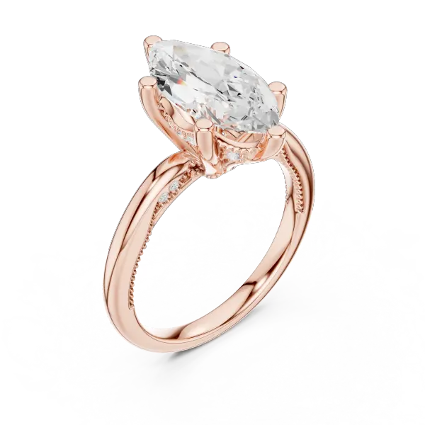 Marquise Cut Solitaire Engagement Ring with Twisted Milgrain Band in 14K White Gold
