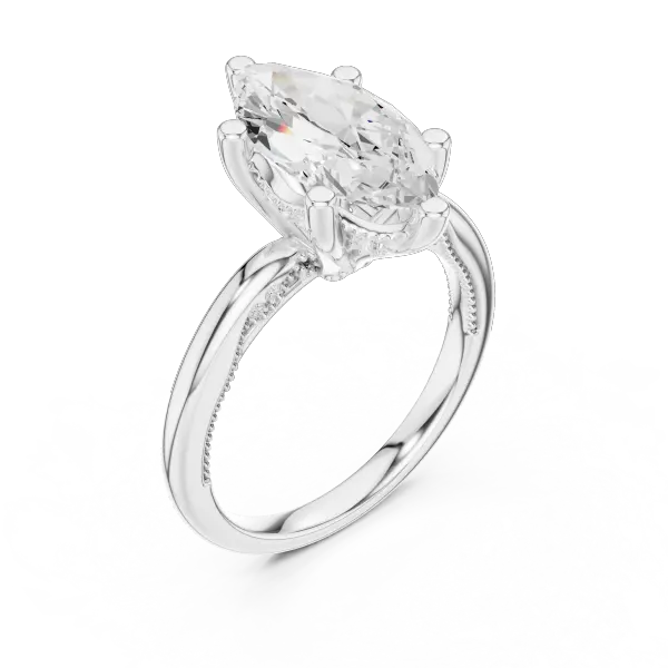 Marquise Cut Solitaire Engagement Ring with Twisted Milgrain Band in 14K White Gold