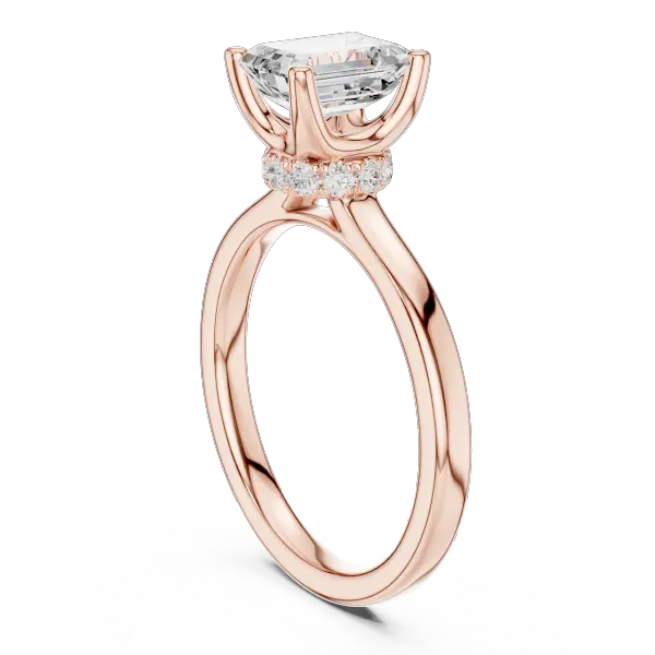 14K Rose Gold Emerald Shaped Bridal Ring with Minimalist Hidden Diamond Scarf