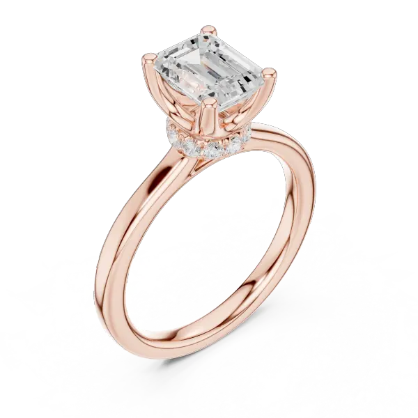 14K Rose Gold Emerald Shaped Bridal Ring with Minimalist Hidden Diamond Scarf