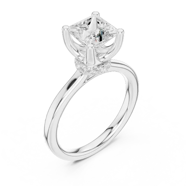 18K White Gold Square Princess Cut Ring with Delicate Under-Halo and Slim High-Polish Band