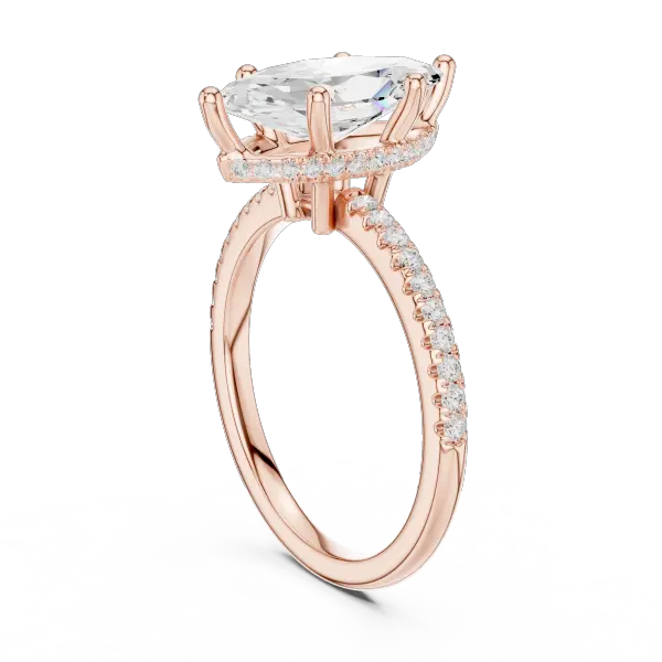 Elongated Marquise Cut Ring with Delicate Under-Halo and Sparkling Pave Diamond Band