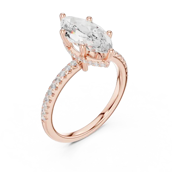 Elongated Marquise Cut Ring with Delicate Under-Halo and Sparkling Pave Diamond Band