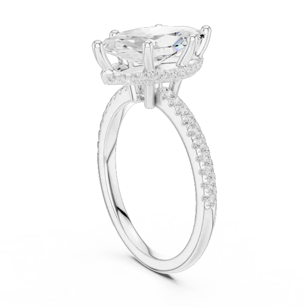 Elongated Marquise Cut Ring with Delicate Under-Halo and Sparkling Pave Diamond Band