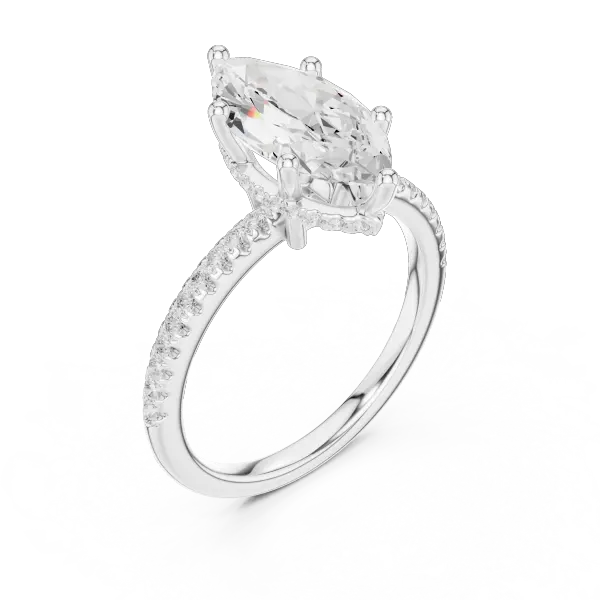 Elongated Marquise Cut Ring with Delicate Under-Halo and Sparkling Pave Diamond Band