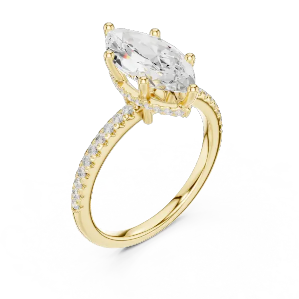 Elongated Marquise Cut Ring with Delicate Under-Halo and Sparkling Pave Diamond Band
