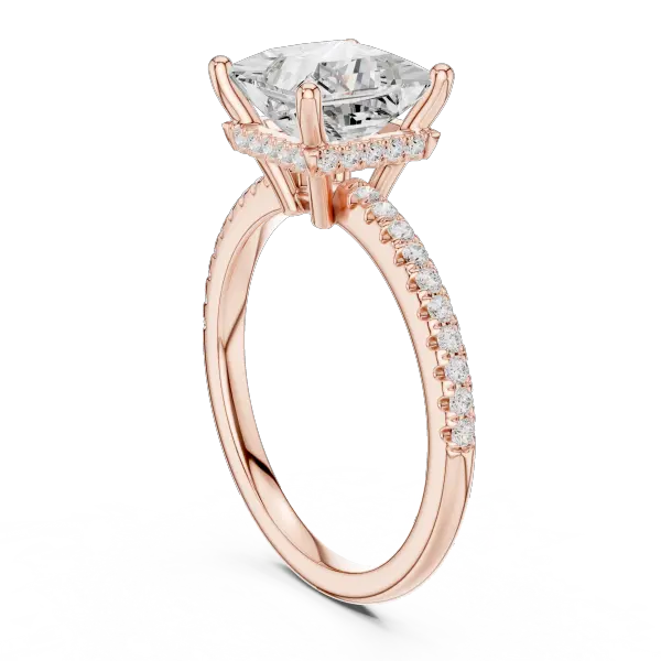 Modern Princess Cut Ring with Delicate Under-Halo and Sparkling Pave Diamond Band