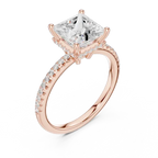 Modern Princess Cut Ring with Delicate Under-Halo and Sparkling Pave Diamond Band