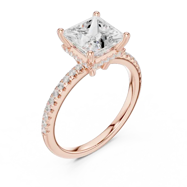 Modern Princess Cut Ring with Delicate Under-Halo and Sparkling Pave Diamond Band